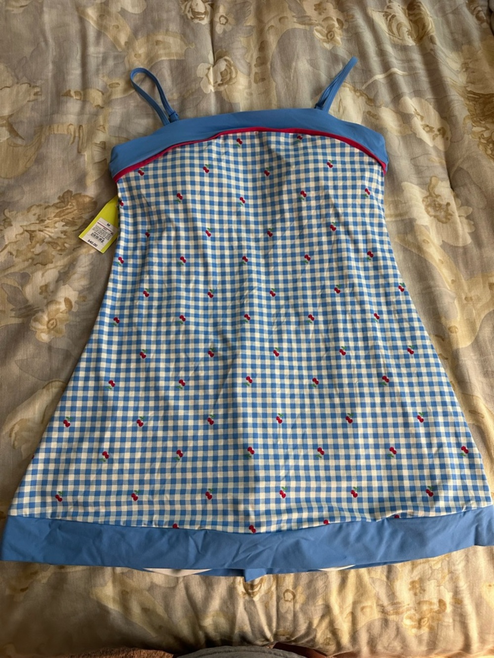 Blue Gingham Active Dress with Cherry Print